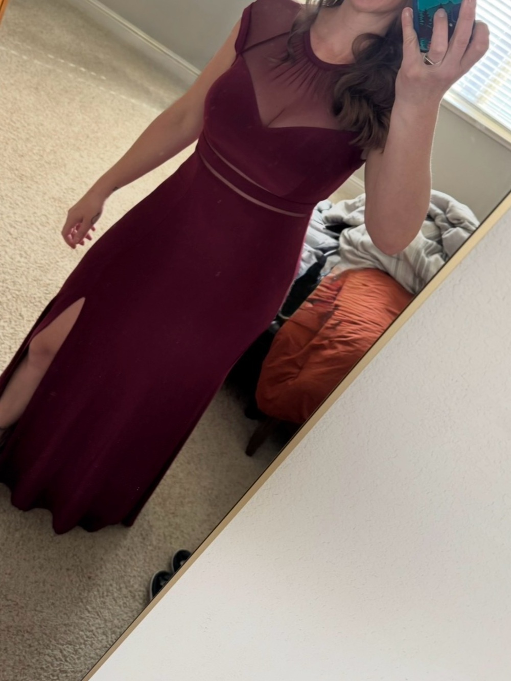 Sleeveless Sheer Yoke Maxi Dress in Burgundy